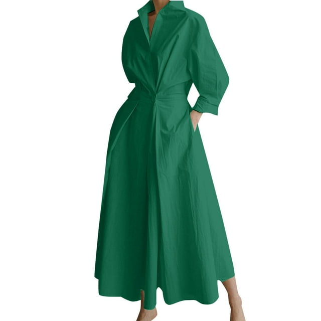 Vestido camisero de manga larga con cuello en V para mujer: vestido con bolsillos a rayas, poliéster y spandex, largo hasta la rodilla, para la oficina, informal y fiestas