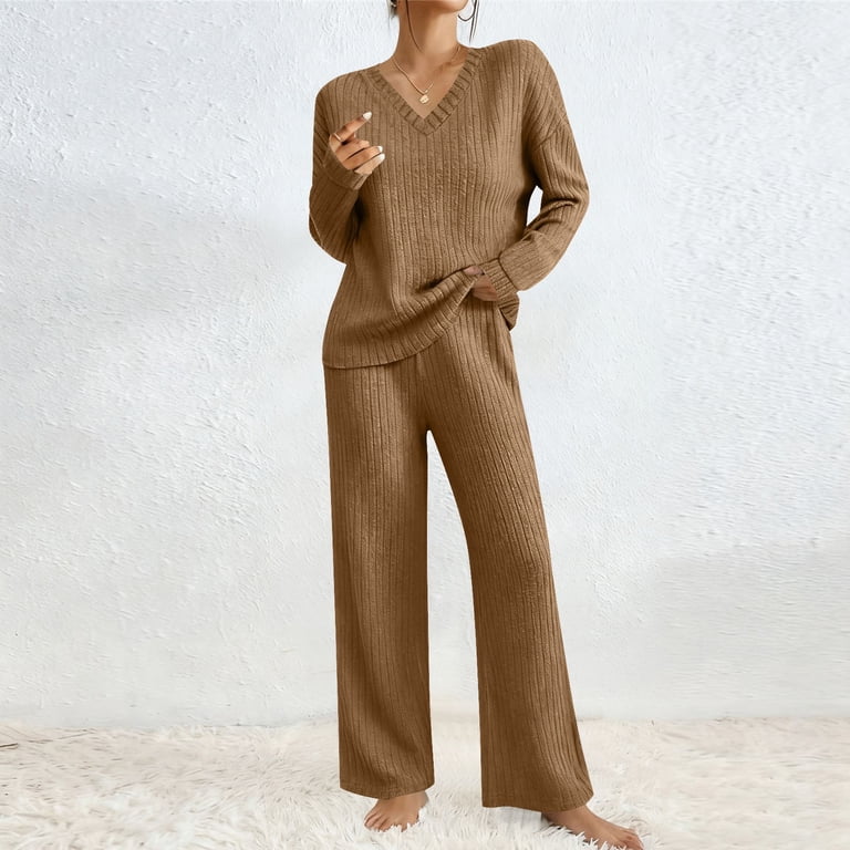 【新品未開封 在庫ラスト】RIB KNIT LOUNGE SET / BROWN 2 Piece Lounge Sets for Women Stripe Knit Casual V Neck Long