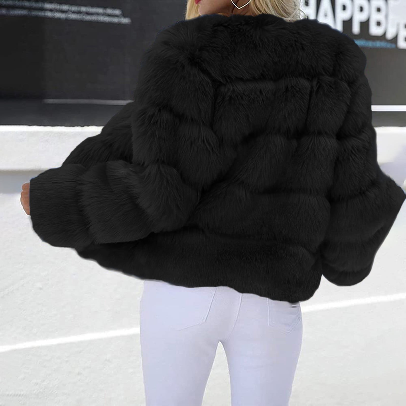 Yigetop Fur Coats for Women European and American Wool Imitation Jacket Women's Short Long Sleeve Faux Leather Coat Faux Fur Jacket Women Black L