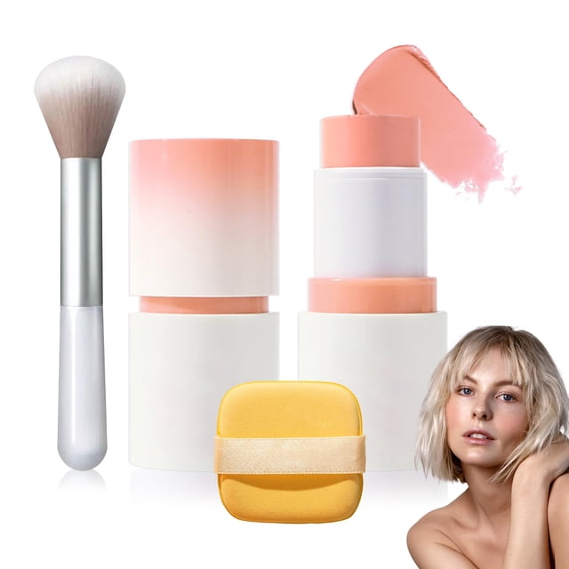 Colorete en barra en crema con brocha y esponja de maquillaje Barra de maquillaje en crema múltiple resistente al agua Rubor múltiple 2 en 1 ligero y duradero para mejillas, tinte de labios y sombra d