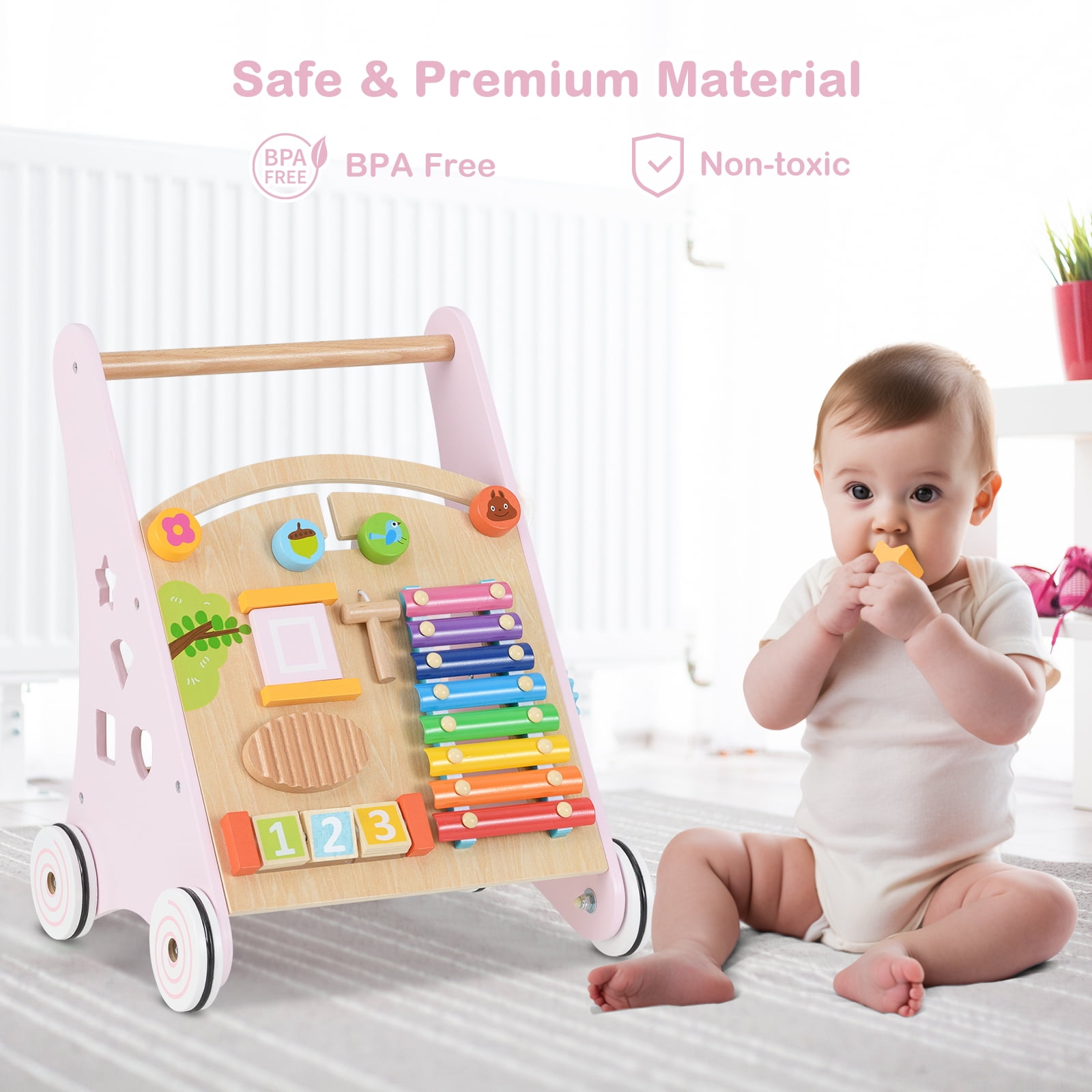 INFANS Wooden Baby Walker, Montessori Walker with Multiple Activity Toys, Storage, Push Walker Toys for Infant Learning to Walk, Sit to Stand Walker for Boys Girls Aged 1+ Years