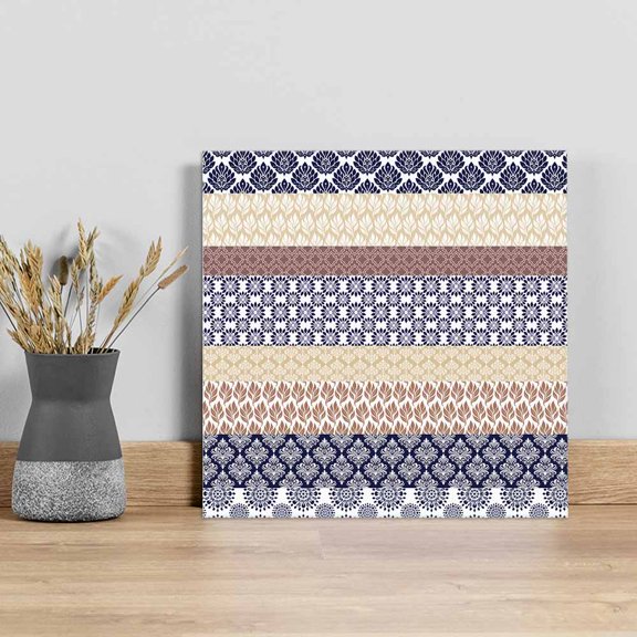 Boho Blue Brown Wall Art Painting on Canvas, Geometric Stripes Tribal Beige Bohemia Canvas Art Home Prints Wall Art Framed Modern Artwork for Living Room Bedroom Wall Decor 12x12in
