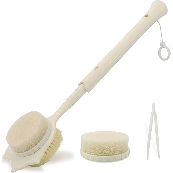 wonima11 Retractable Back Brush for Shower, 28 Inches Long Handle Shower Brush,Double-Sided Long Handled Bath Sponge, Exfoliation,Back Scrubber for Women,Men,Elderly and Pregnant Women(White)