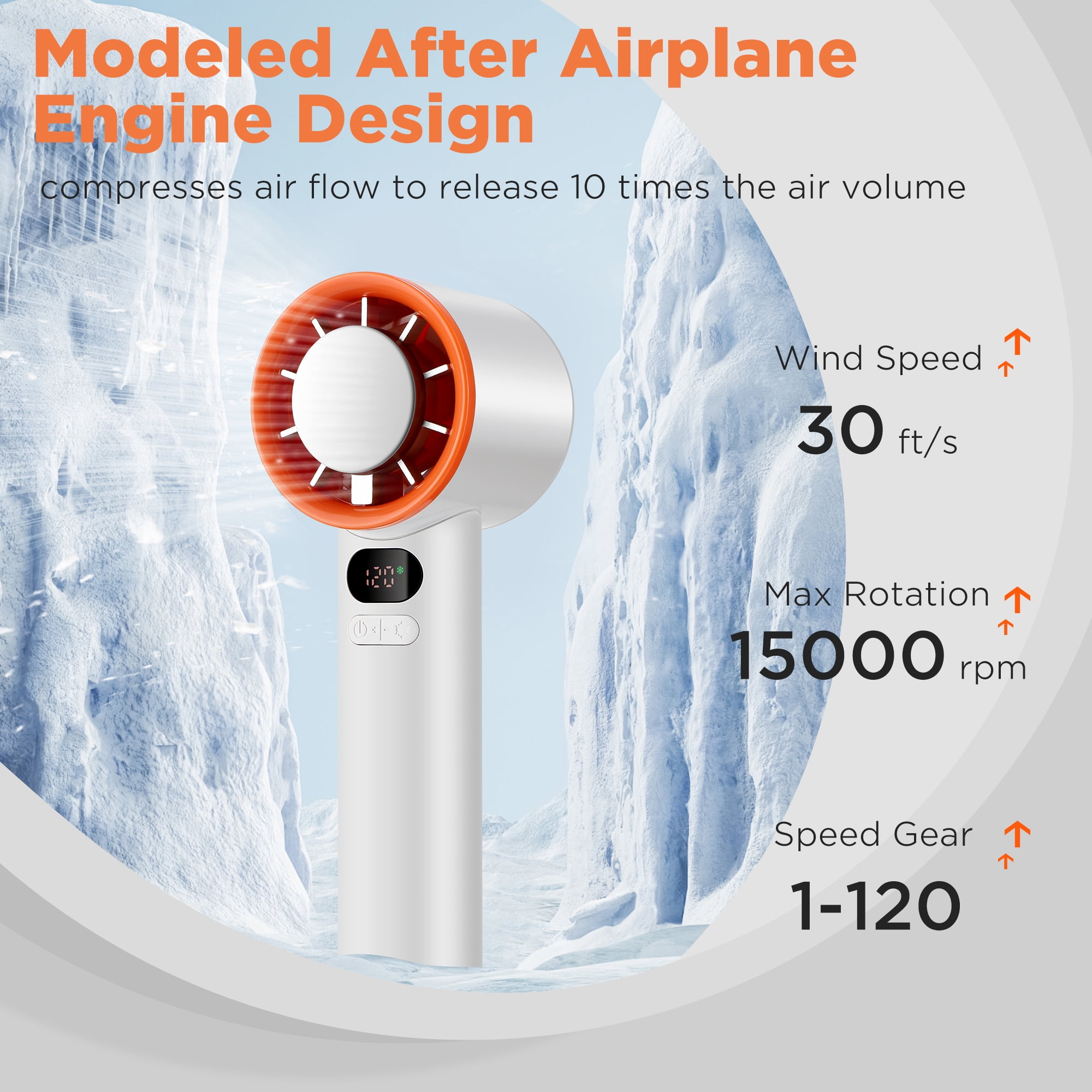 Portable Handheld Turbo Fan With Ice Cooling, Adjustable Mini HandFan Speed(1-120) 15000 RPM Powerful Fast Cooling Ice Air Conditioner Fan, Digital Display, for Summer Travel Beach Outdoors, White