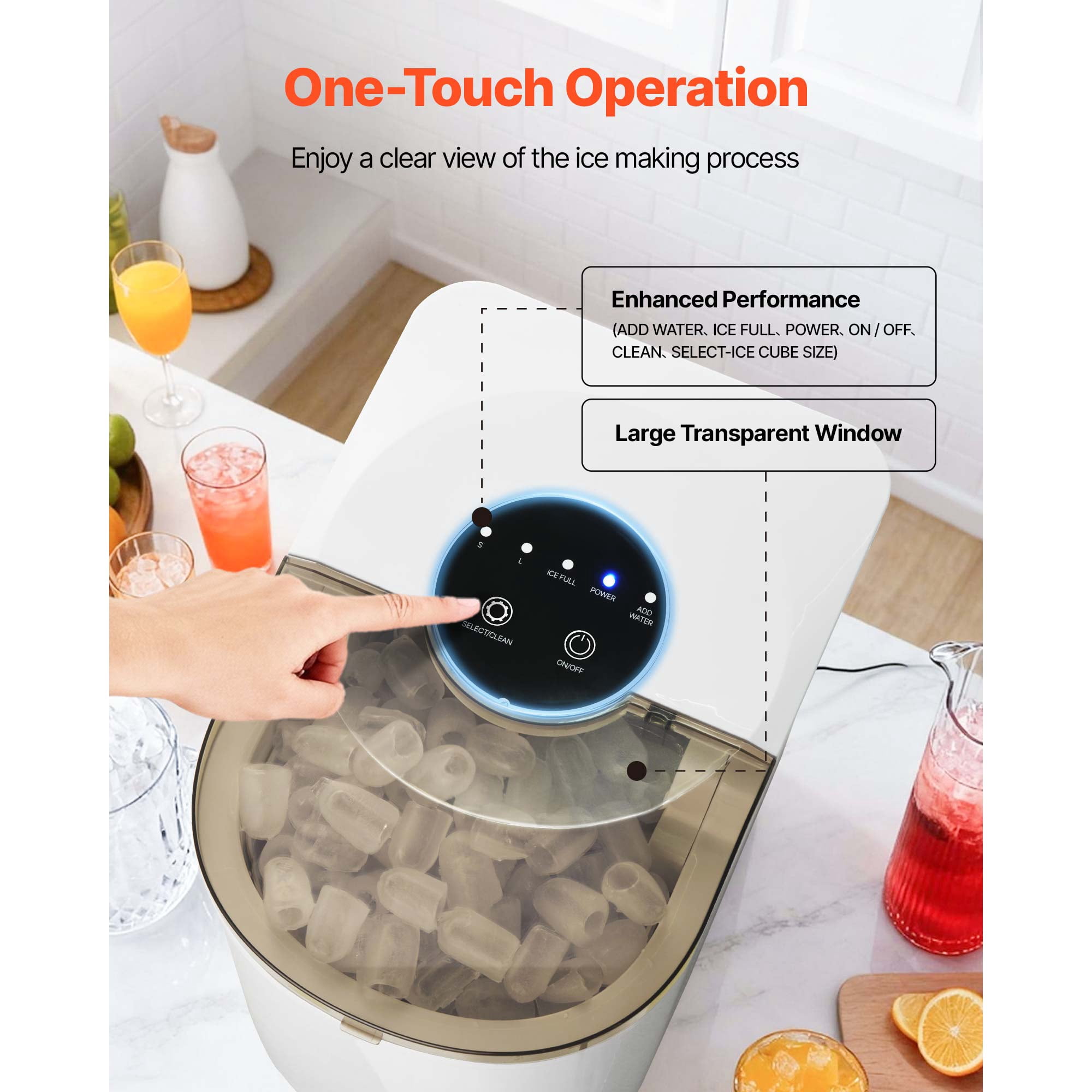 KFFKFF Countertop Ice Maker, Produces 7 Ice Cubes in 6 Minutes, 26 lbs Daily Capacity, Portable Machine with Self-Cleaning Function, Includes Ice Scoop, Offers Two Sizes of Bullet-Shaped Ice for Home