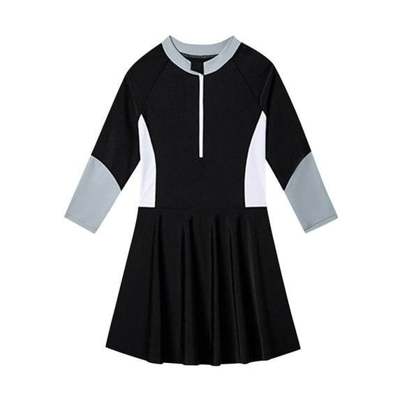 Edvintorg Kids Girls Swimsuit Fashion Color Block Long Sleeve Half Zipper Swimsuits Skirt One Piece Bathing Suits Beachwear 2-8 Years Girls' Swimwear