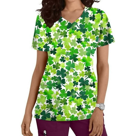

PEONAVET St. Patrick s Day Scrub Top for Women with Pockets and V-Neck - Savings Clearance