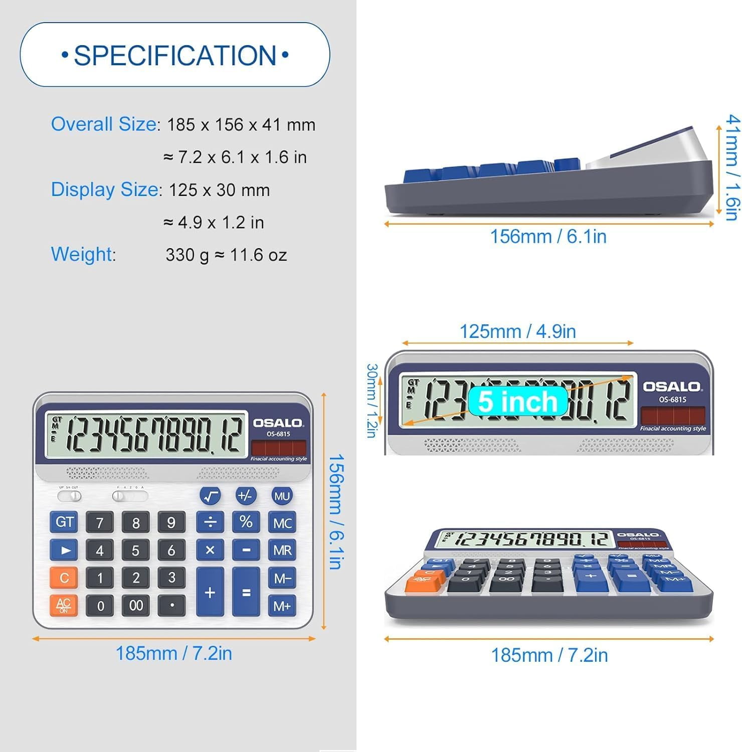 Desktop Calculator Extra Large 5in LCD Display 12-Digit Big Button Giant Accounting Calculator Battery & Solar Powered for Office Business & Home(OS-6815)