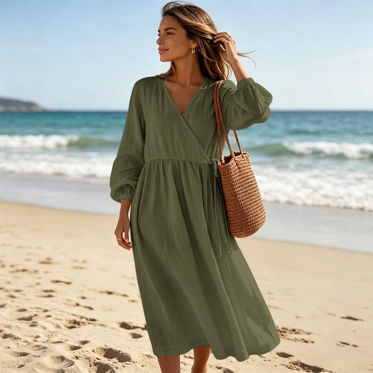 fall beach dresses Qulqfy Plus Size Summer for Women Long Sleeve Flowy Solid Maxi Casual V-Neck Vacation Elegant with Pockets Black Sundresses XL length skirt with a subtle slit adds graceful movement Cabana Life - Palm Beach