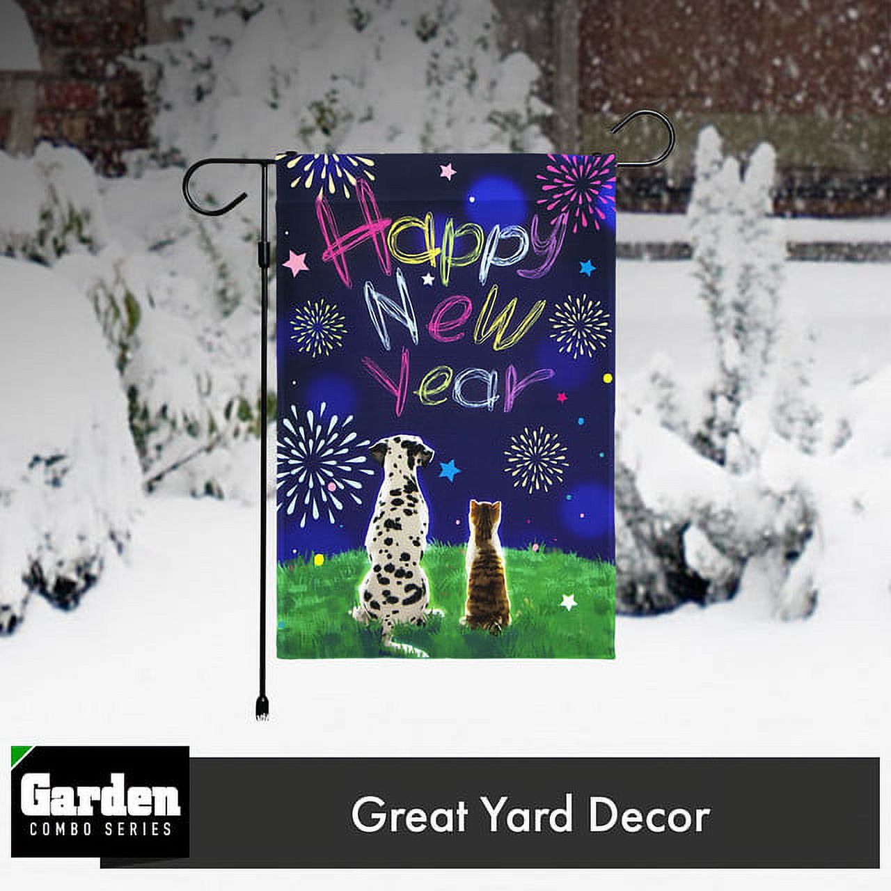 G128 Sets: 36"x16" New Year Garden Stand AND 12"x18" Garden Flag Dog and Cat