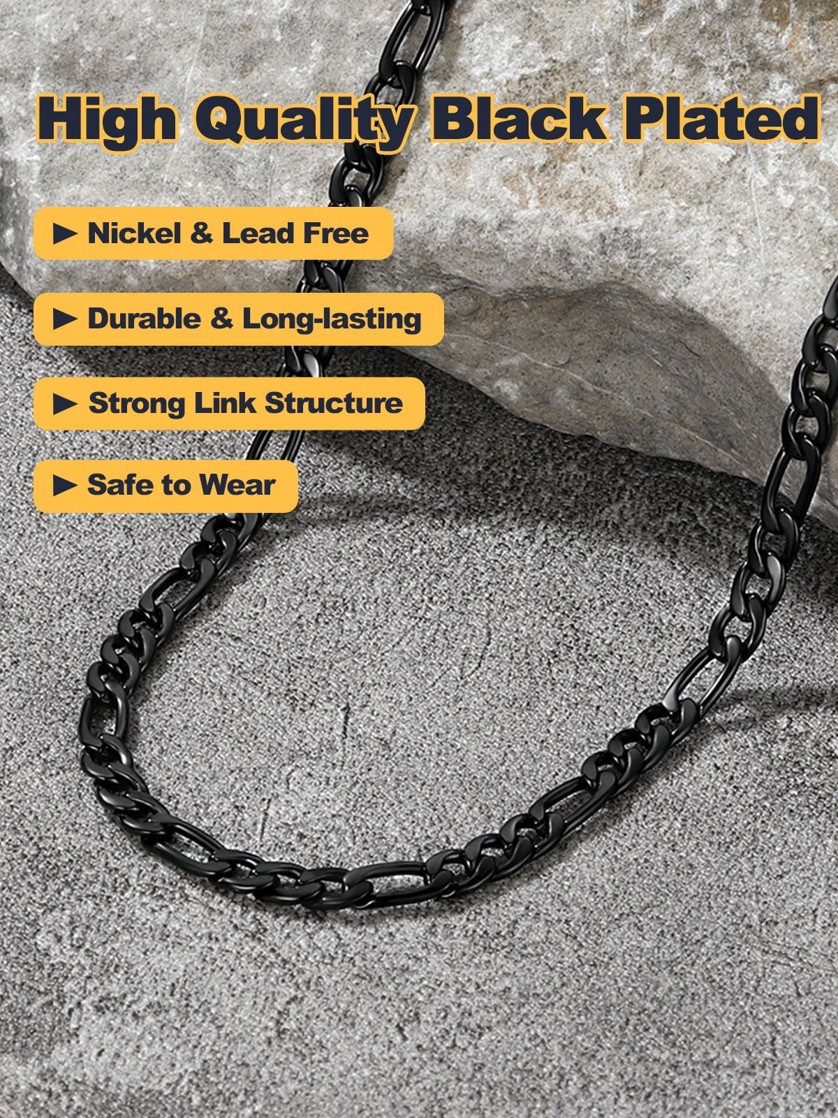 U7 Figaro Chain Stainless Steel Necklace for Men Women 3MM Black Plated Chain 20 Inch for Birthday Gift