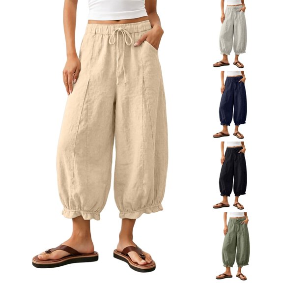 Linen Barrel Pants Women Plus Size Wide Leg Gauze Ruffle Trouser Casual Summer Baggy Boho Beach Vacation Pants, L