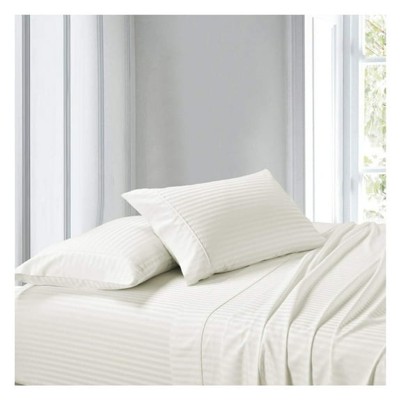 King Waterbed Sheet Set - 100% Cotton Sateen - 300 Thread Count - Striped Pattern - Fits 18" Deep Pockets - 4 Piece Set (King, Flat, Fitted & 2 Pillowcases) Ivory