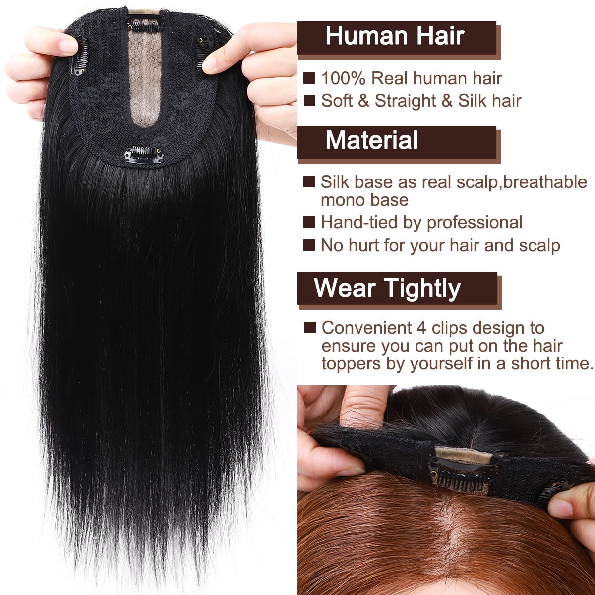 SEGO Clip in Hair Extensions Human Hair Toppers 100% Real Human Hair Topper for Thinning/Loss Hair Natural Black Hair Pieces