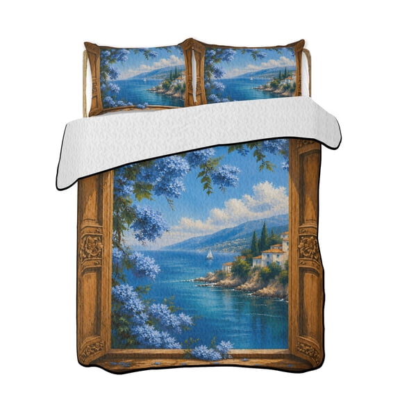 Blue Coastal Quilts Bedding Set Twin Size Open Window Blue Flowers Pastoral Coastal Lightweight Quilted Bedspread 3 Piece Bed Quilt with 2 Pillow Shams All Season for Bedroom 68" x 86"