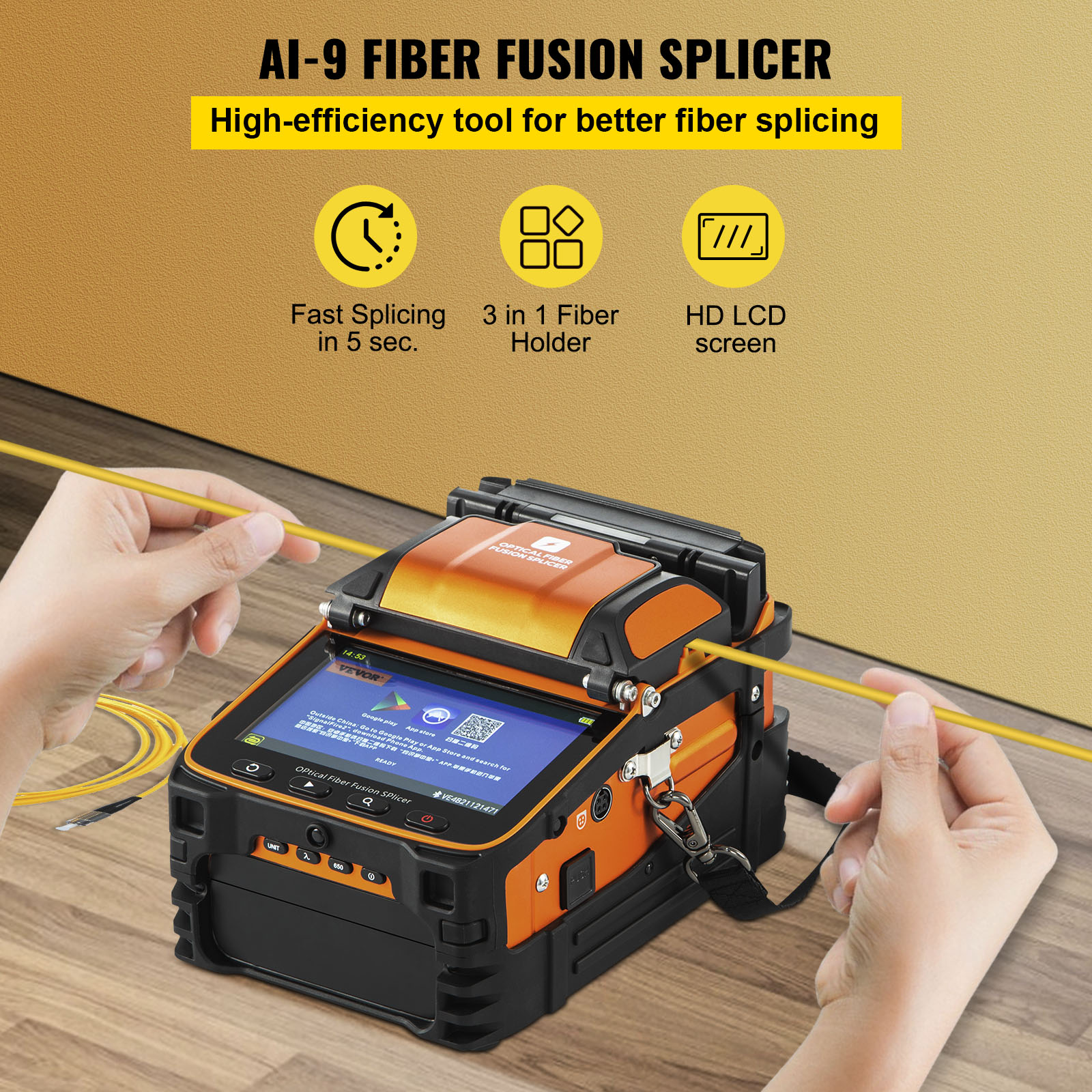 VEVOR AI-9 Fiber Fusion Splicer with Seconds Splicing Time Melting 15  Seconds Heating 7800mah Fusion Splicer Machine Optical Fiber Cleaver Kit  for Optical Fiber  Cable Projects