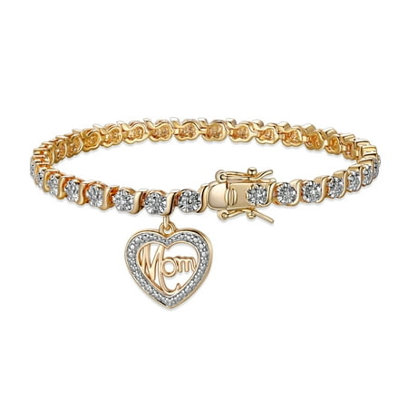 18K Yellow Gold Plated Diamond Accent "Mom" Charm Tennis Bracelet, 7.25"
