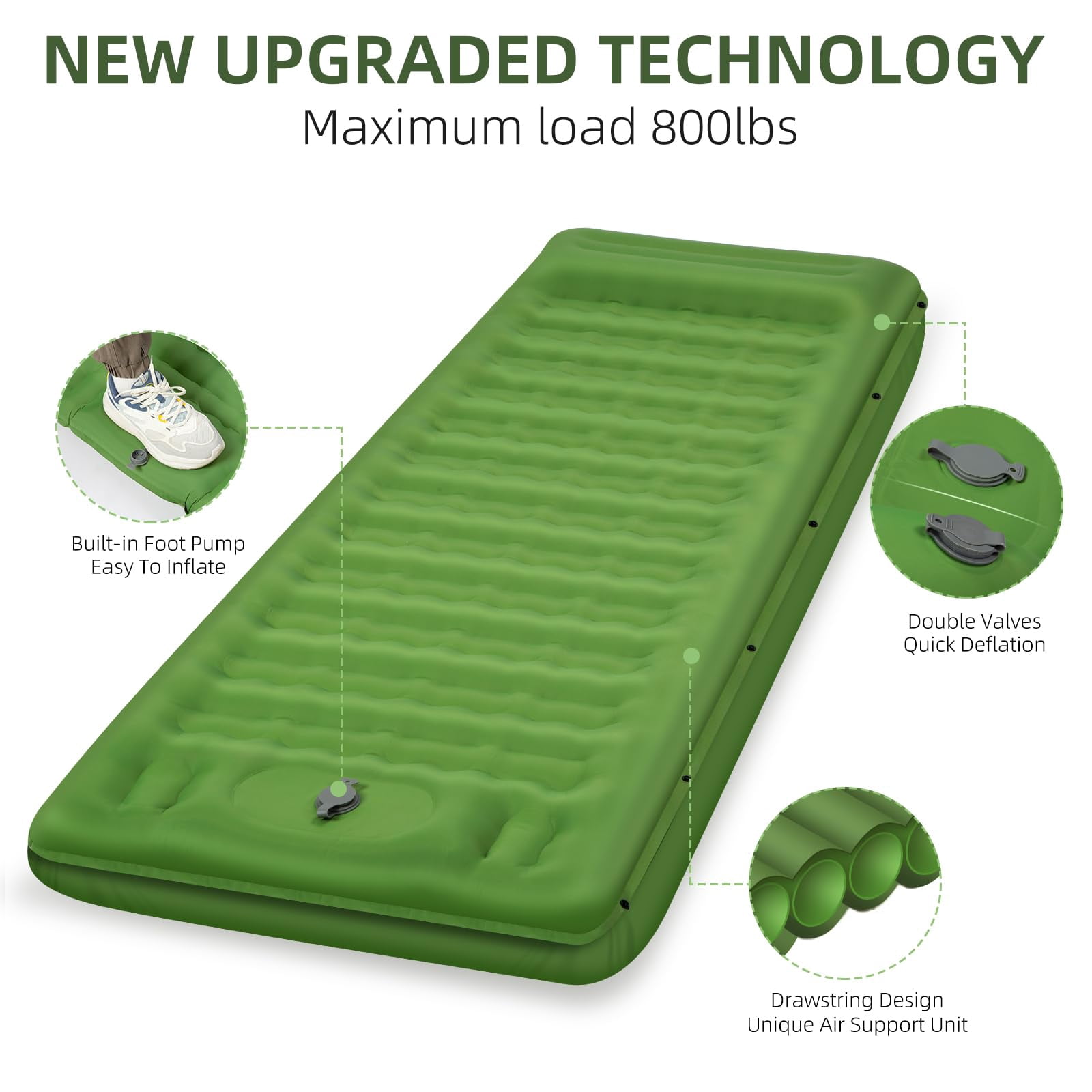 Camping Sleeping Pad, Extra Thick 5 Inch Camping Mat with Pillow Built-in Foot Pump Inflatable Sleeping Pads Compact for Camping Backpacking Hiking Traveling Tent（Green）