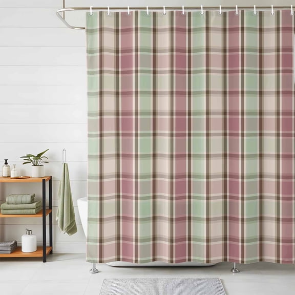 Shower Curtains for Bathroom, Buffalo Plaid Waterproof Fabric Shower Curtain, Farmhouse Red Green Beige Check Gingham Decorative Bathroom Curtain for Bathtub, 72"x84", No Hooks Included