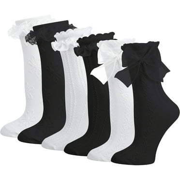 Bocaoying 6 Pairs Womens Ruffle Socks, Cute Lace Socks with Bowties, Comfortable Frilly Socks, Lettuce Socks, Princess Style Dress Crew Socks Lolita Gift for Ladies Girls, White and Black