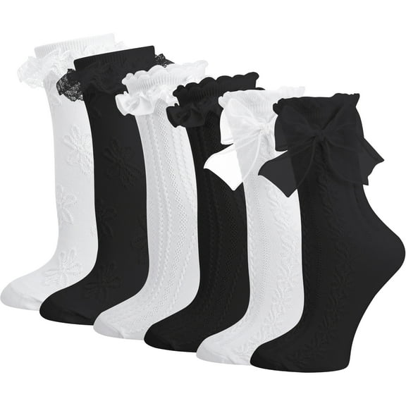 Bocaoying 6 Pairs Womens Ruffle Socks, Cute Lace Socks with Bowties, Comfortable Frilly Socks, Lettuce Socks, Princess Style Dress Crew Socks Lolita Gift for Ladies Girls, White and Black