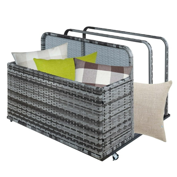 TROPOW Double Layer Pool Float Storage Organizer, Waterproof Float Storage Box for Garden, Backyard and Patio, PE Rattan Patio Deck Box Indoor for Pillows, Cushion, Toys, Grey