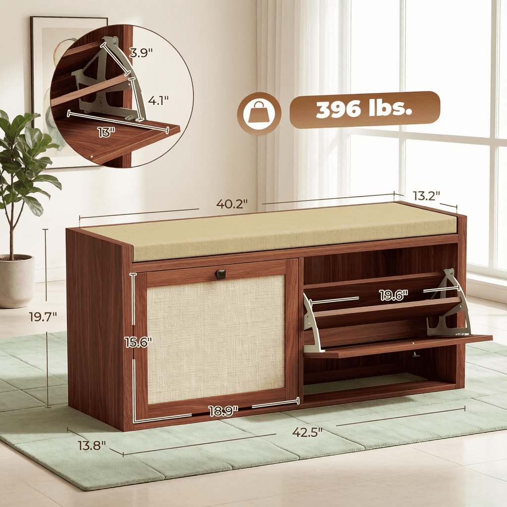 Shoe Storage Bench with Padded Seat, Shoe Storage Bench 2 Rattan Doors for Entryway