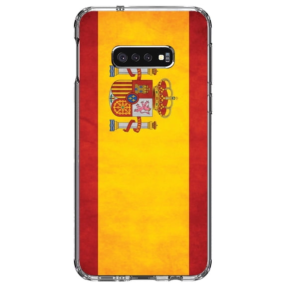 DistinctInk Clear Shockproof Hybrid Case for Samsung Galaxy S10e (5.8" Screen) - TPU Bumper, Acrylic Back, Tempered Glass Screen Protector - Spain Old Weathered Spanish Flag Red Yellow - Spain