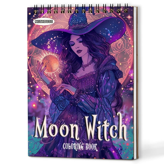 NETHOUSE Moon Witch Spiral Coloring Book for Adults, A5 Wooden Cover, 30 Beautiful Coloring Pages of Mystical Moonlit Scenes, Spellbinding Witches, Celestial Patterns, Magic Rituals