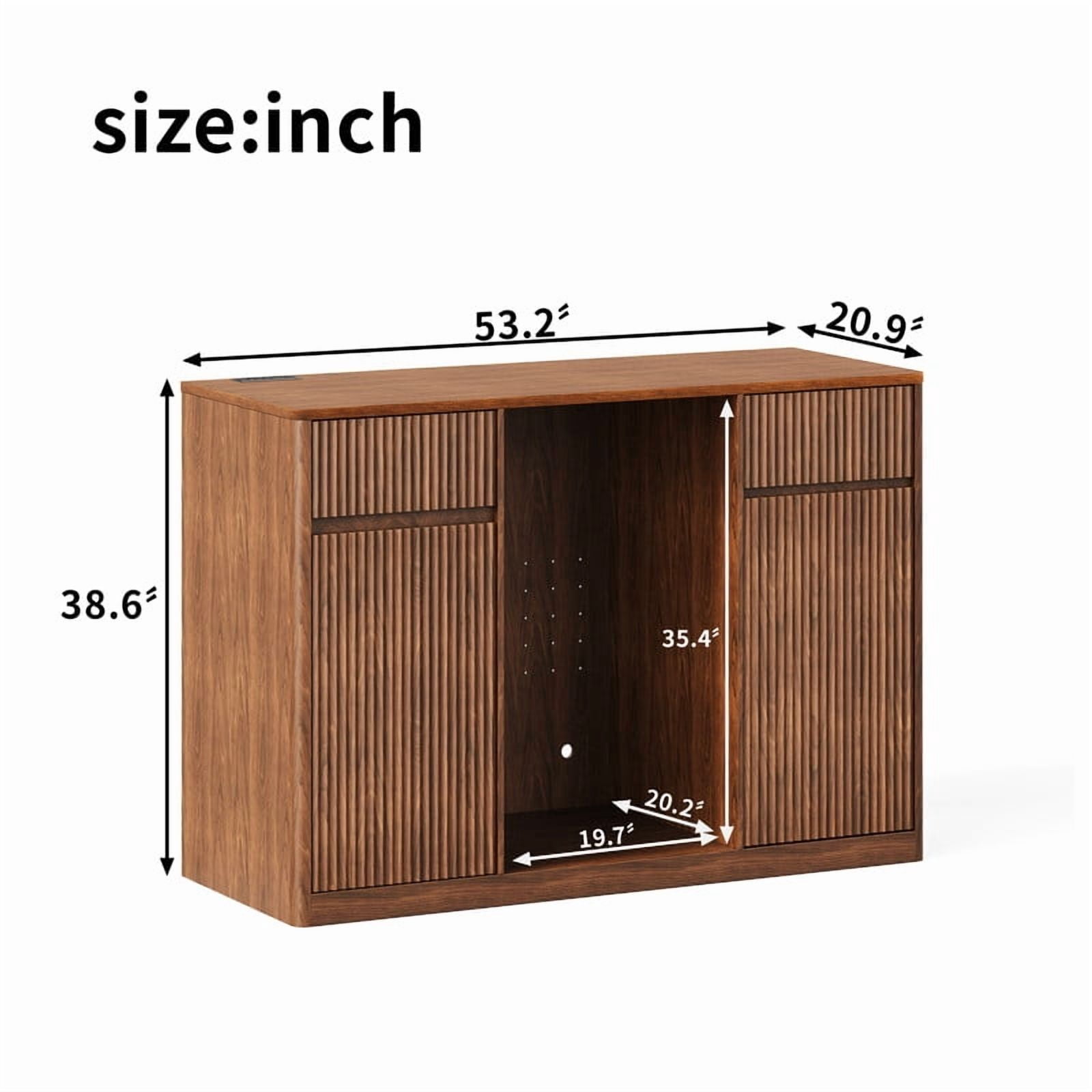 53.2"W Fluted-Door Kitchen Sideboard Buffet with Mini Fridge Nook, Freestanding Bar Wine Storage Cabinet with Charging Station