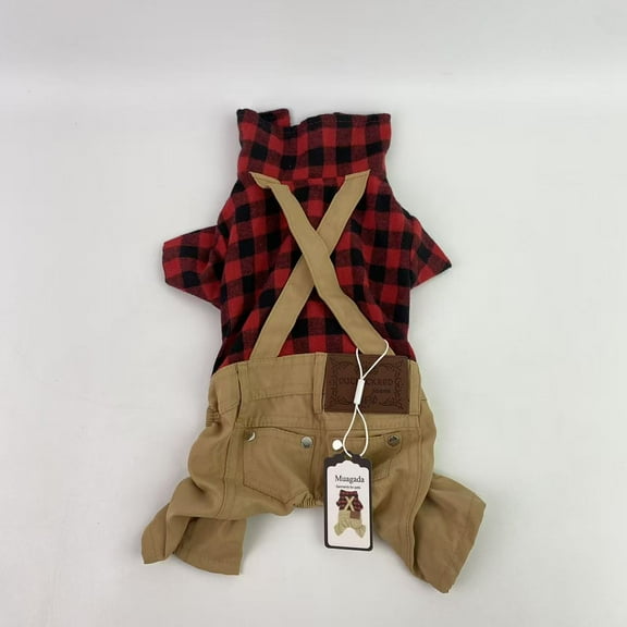 Muagada Garments for pets for Small Dog Cat Red Plaid Shirts Sweater with Khaki Overalls Pants Jumpsuit Outfits XS