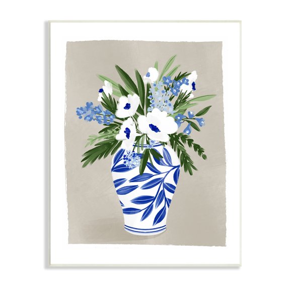 Stupell Industries White Poppies Flower Leaves Traditional Chinoiserie Pattern Vase,13 x 19, Design by Doodles.Ink.