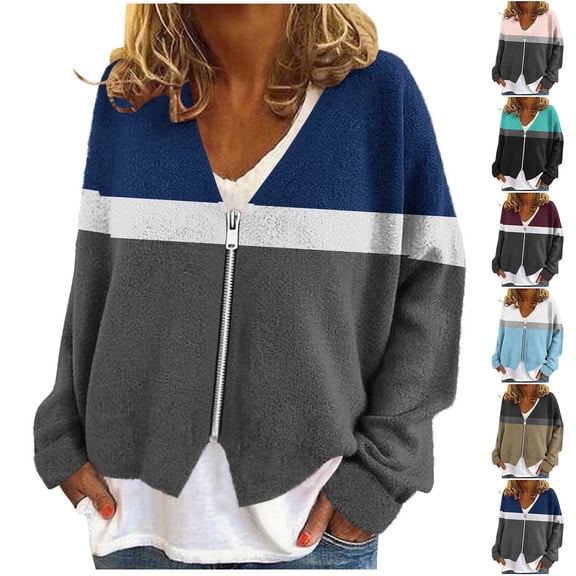 Xdegoge Cardigan Sweaters for Women Lightweight Trendy Zip Up Fleece Jackets Warm Color Block V Neck Sweater Long Sleeve Open Front Cardigans