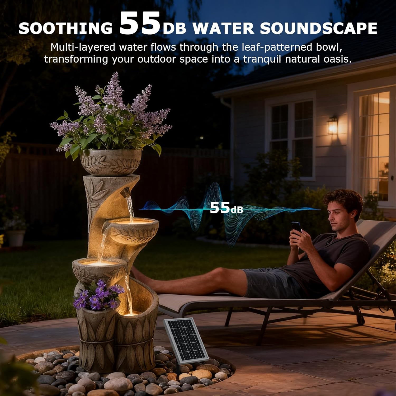 4 Tiered Solar Water Fountain Outdoor Garden, 35.6" Tall Cascading Bowl Leaf Carved Outdoor Waterfall Fountains Modern Water Feature with Dual Planters for Garden, Patio, Deck, Yard, Indoor Decor