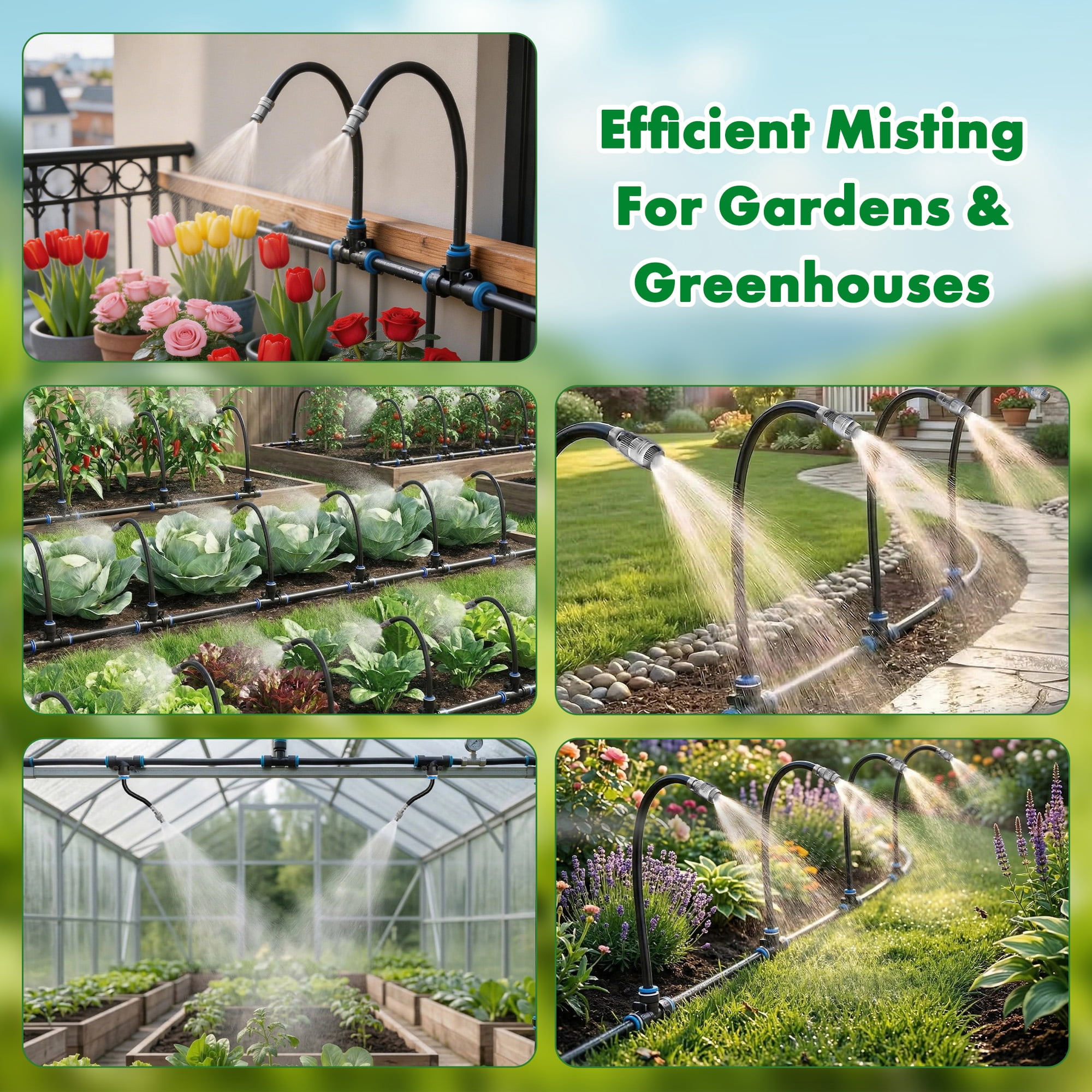 iToolMax 360° Adjustable Drip Irrigation System, 49FT Garden Watering System with 15 Nozzles, Water Sprinkler for Garden, Yard, Lawn, Greenhouse, Plants, Backyard Misting System
