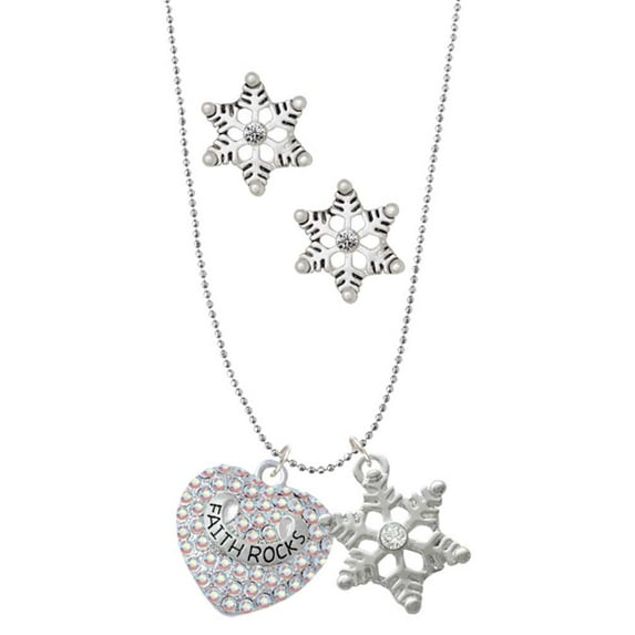 Delight Jewelry Silvertone Faith Rocks on AB Crystal Heart Silver tone Snowflake Charm Necklace and Stud Earrings