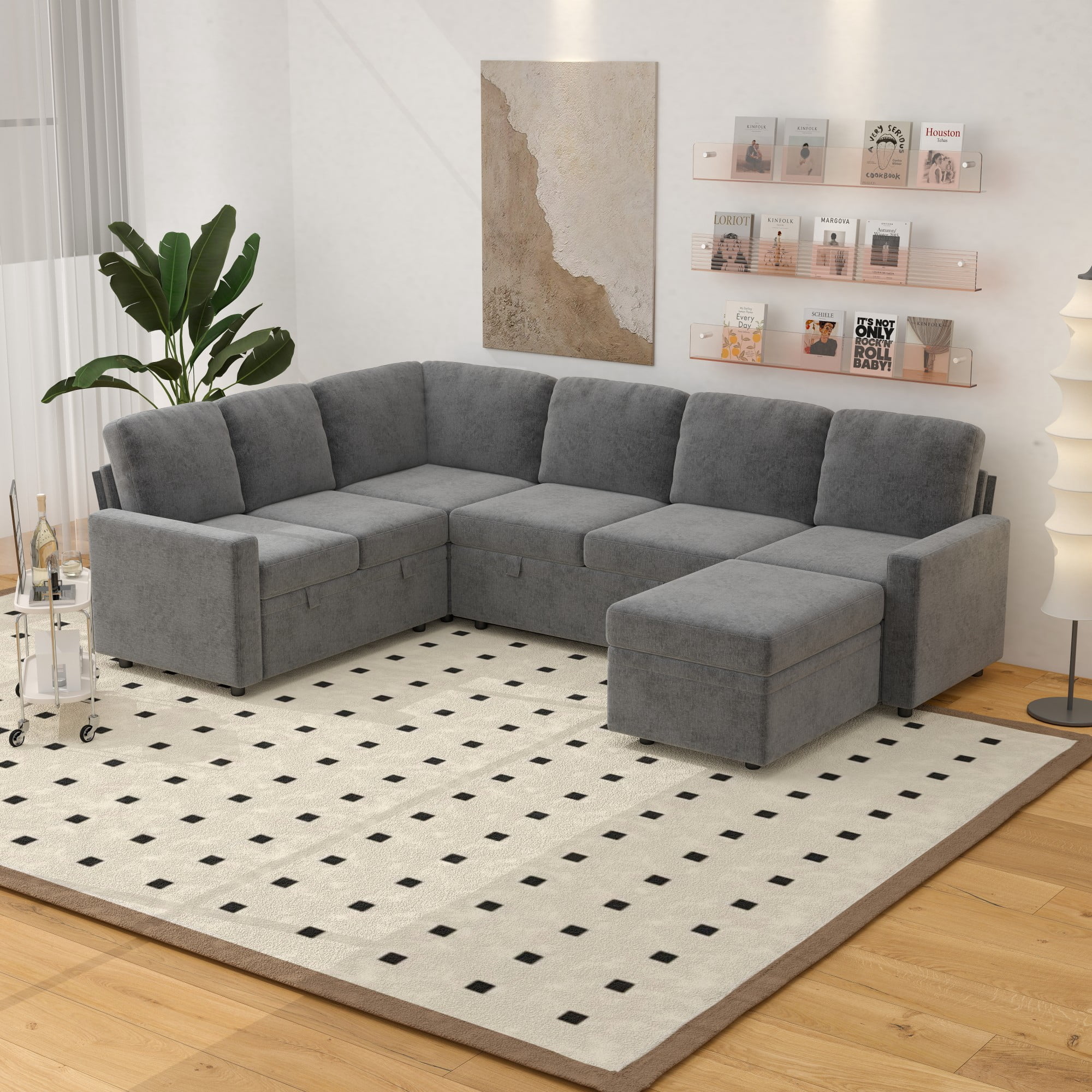 Gewnee 6-Seater Gray L-Shaped Convertible Sofa - Skin-Friendly & Wear-Resistant Chenille Fabric, Multifunctional Storage, for Living Rooms & Halls（including 1 footstool）