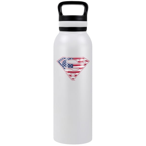 Superman Official USA American Flag Shield Logo 24 oz Insulated Canteen Water Bottle, Leak Resistant, Vacuum Insulated Stainless Steel with Loop Cap, White