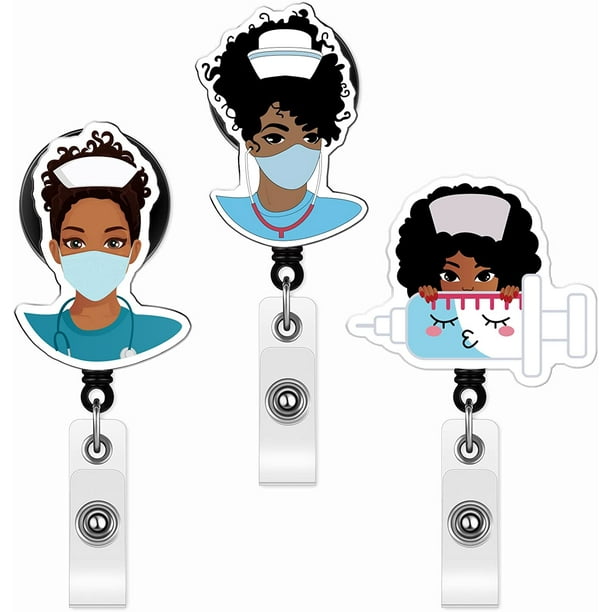 3 Pieces Black Girl Nurse Retractable Cute Nurse Badge Reel with