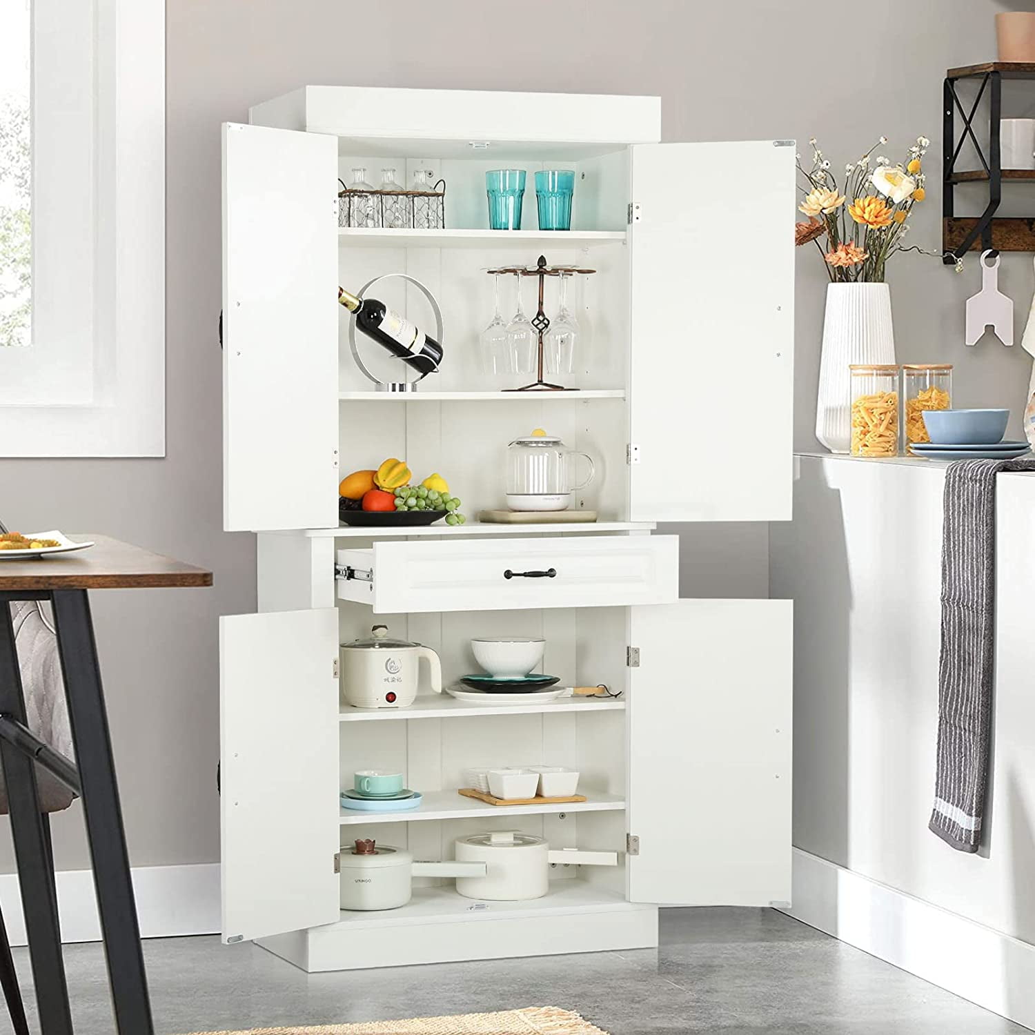 Yoleny 71'' Freestanding Kitchen Pantry Cabinet, Tall Storage Cabinet with Drawer and Adjustable Shelves, 2-Door Floor Cupboard for Kitchen Bathroom Study Hallway, White - 2