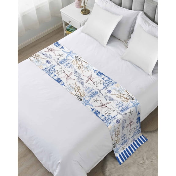 Bed Runner Scarf Twin Size, Blue Coastal Stain Bed Runners & Scarves for Foot of Beds, Ocean Starfish Lighthouse Coral Conch Decorative Bedding Runner Scarf for Hotel Home Bedroom
