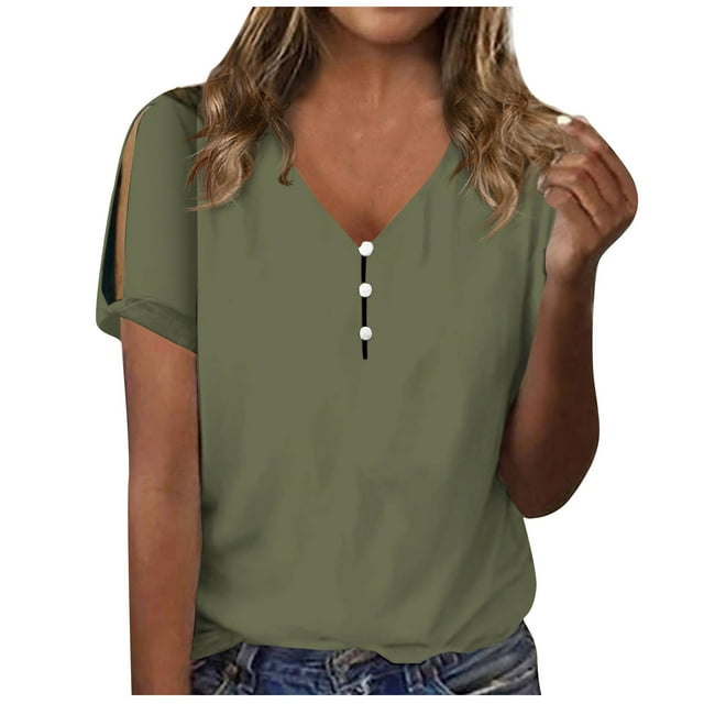 cfhntfmh Tops for Women Trendy Cutout Short Sleeve Casual Summer Shirts Soft V Neck Buttons Solid Color Basic T-Shirts