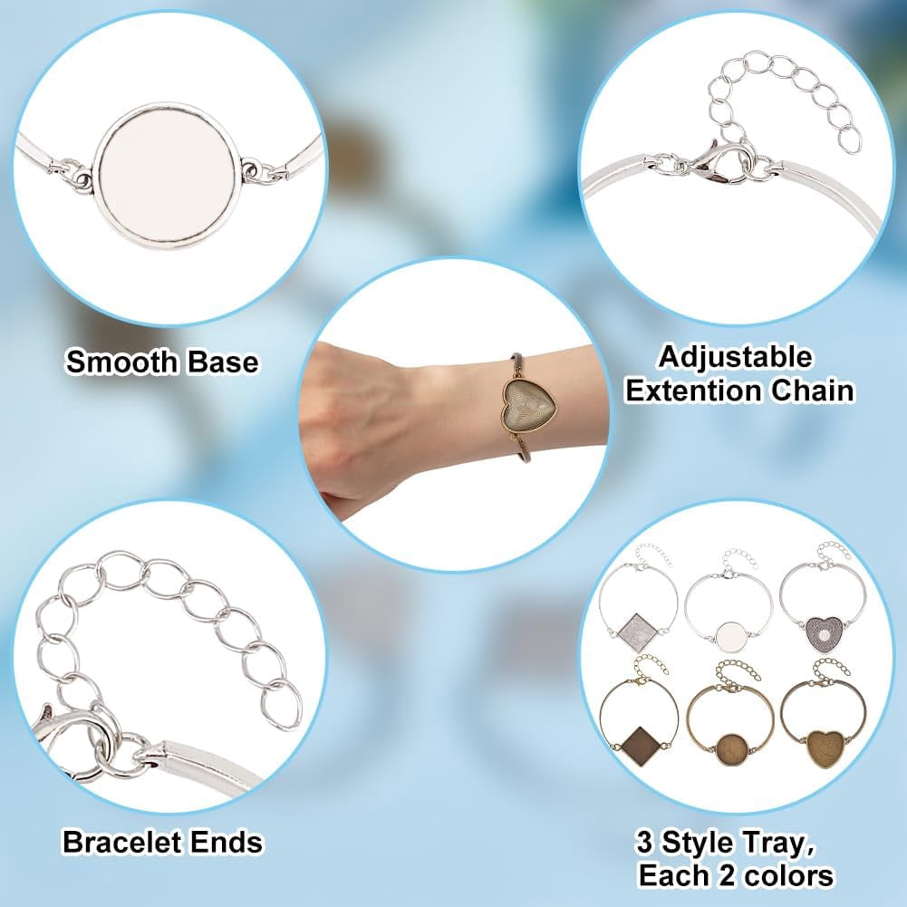 18 Sets 6 Styles Adjustable Bracelet Bezel Settings Kit Heart Square Half Round Alloy Blank Tray Bracelet with Glass Cabochons DIY Photo Bracelet for Slide Bracelet Jewelry Making