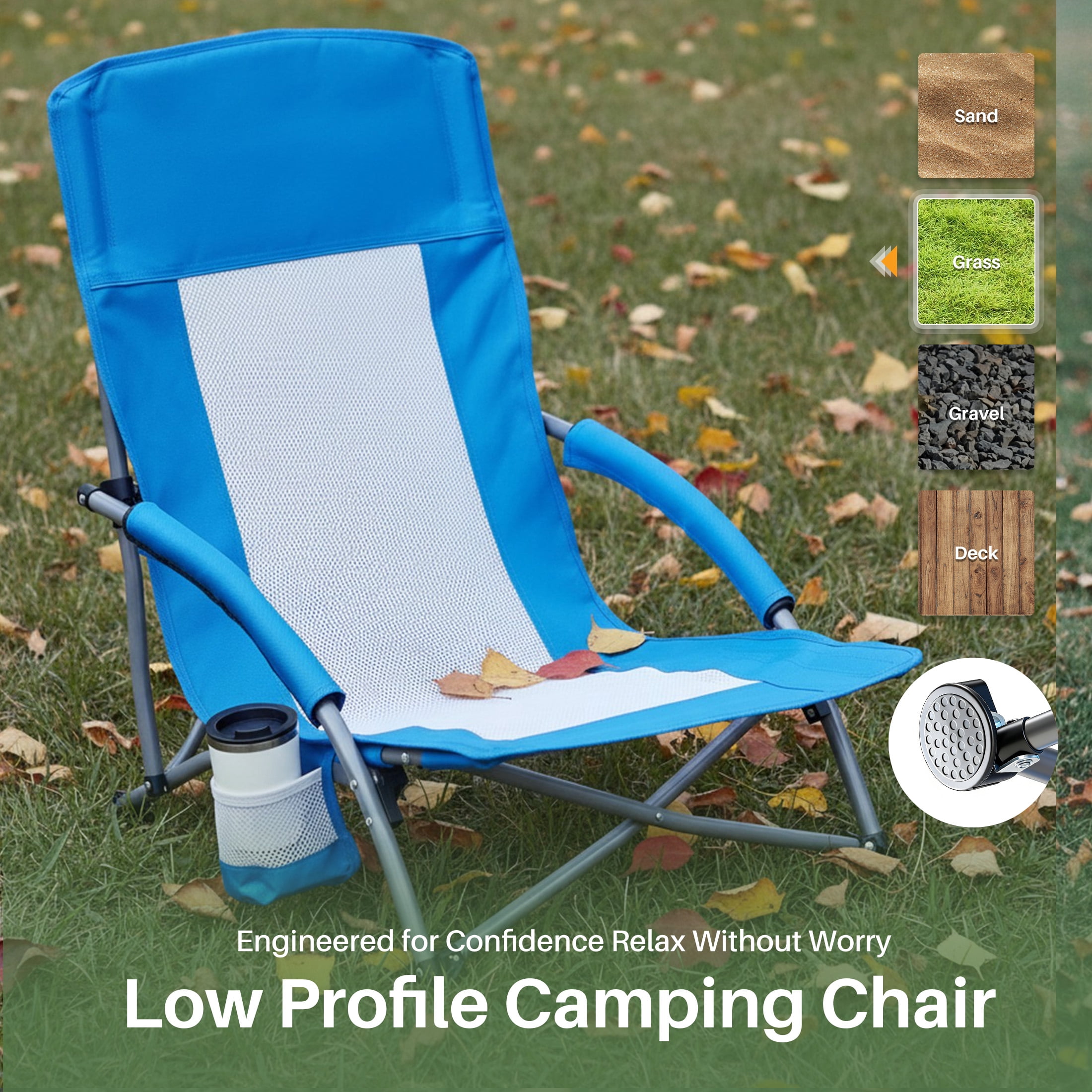 EDX Low Profile Camping Chair Portable Folding Beach Chair W/ Bag - Heavy Duty Breathable for Outdoor, Blue