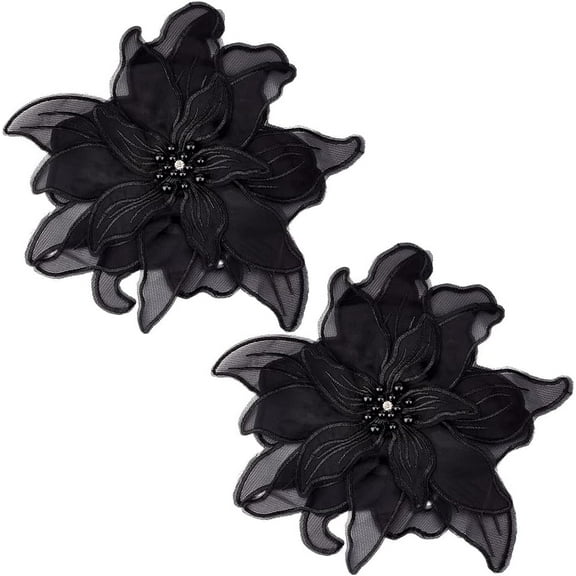 2Pcs 3D Floral Embroidery Applique Black Polyester Lace Flower Appliques Rhinestone Crystal Pearl Bead Sew on Tulle Patches for Sewing Making Clothes Dress Costumes Shirt Skirts Gowns Supply