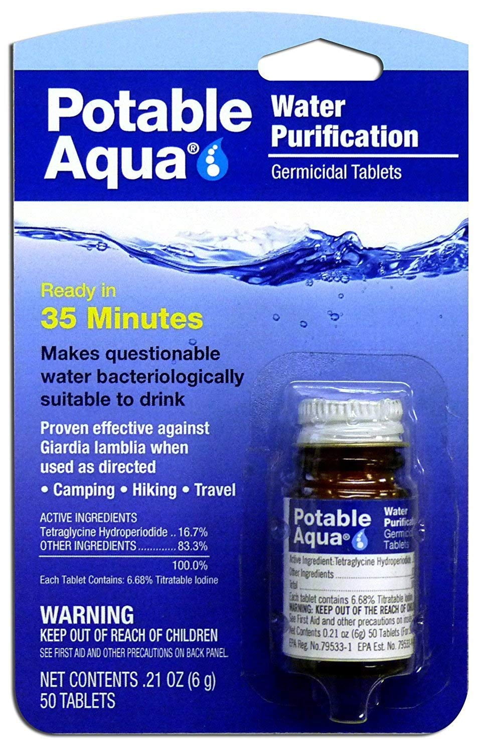 Potable Aqua Water Purification Iodine Tablets 4 Bottles with 50 Each