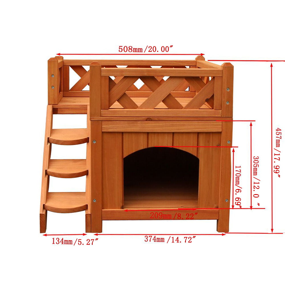 Pet Wooden Cat House Living House Kennel with Balcony Wood Color 
