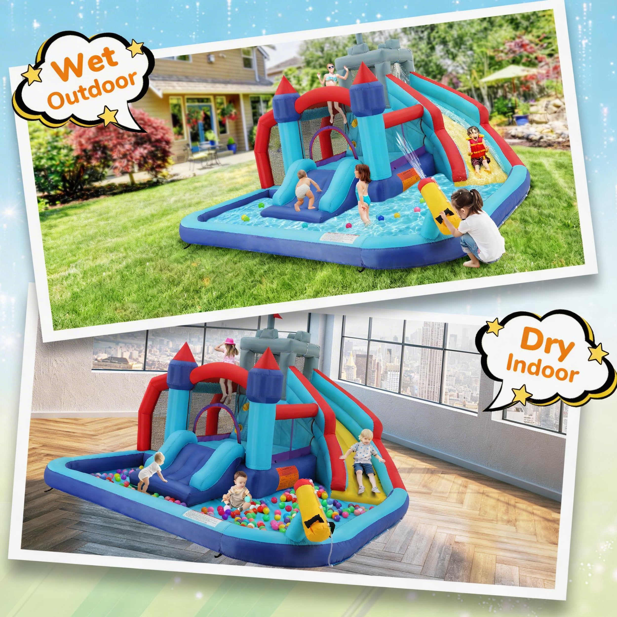 Funcid Inflatable Pool Water Slides, Bounce House Water Park Combo with Double Slides, Jumping Castle with Air Blower for Kids Backyard Outdoor