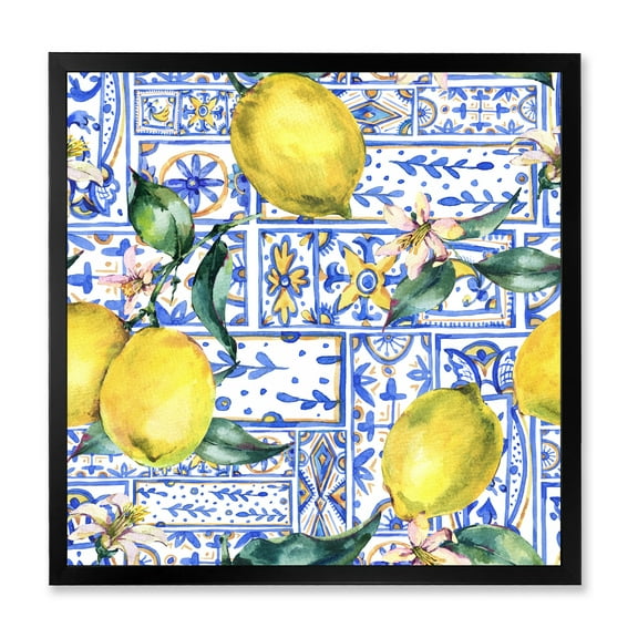 Designart 'Geometrical Pattern of Lemon Ornament On Blue I' Tropical Framed Art Print