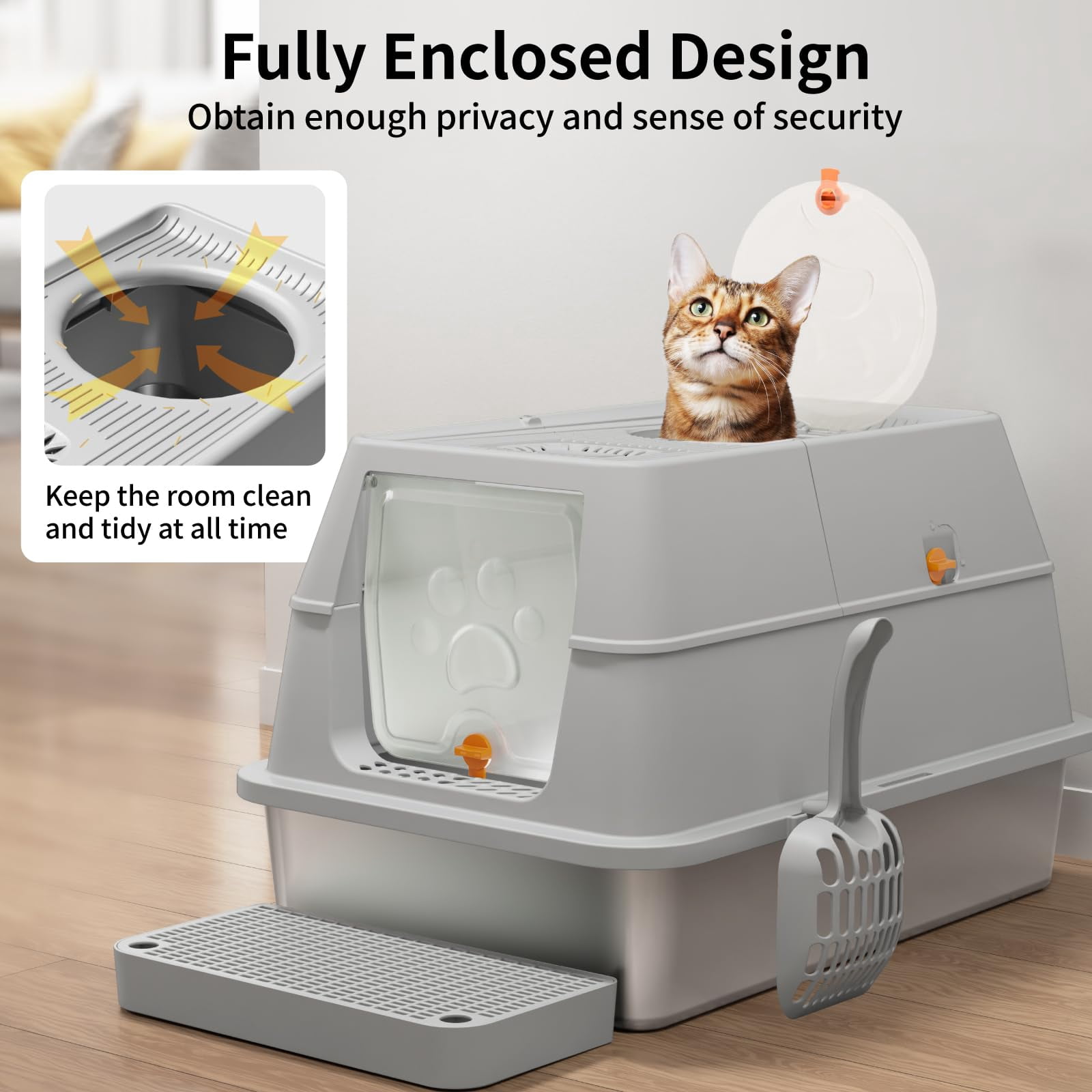 Stainless Steel Cat Litter Box With Lid  180° Flip-top Xl Extra Large Enclosed Covered Metal High Sided Pan Steps & Scoop Easy Cleaning Odor Control Non-sticky-grey